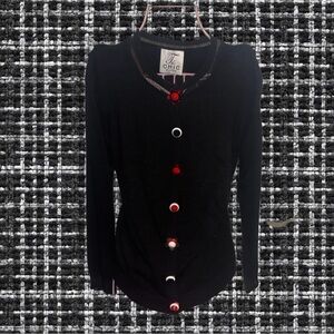 👀‼️ Chic Milano Black Cardigan with Red and White Buttons